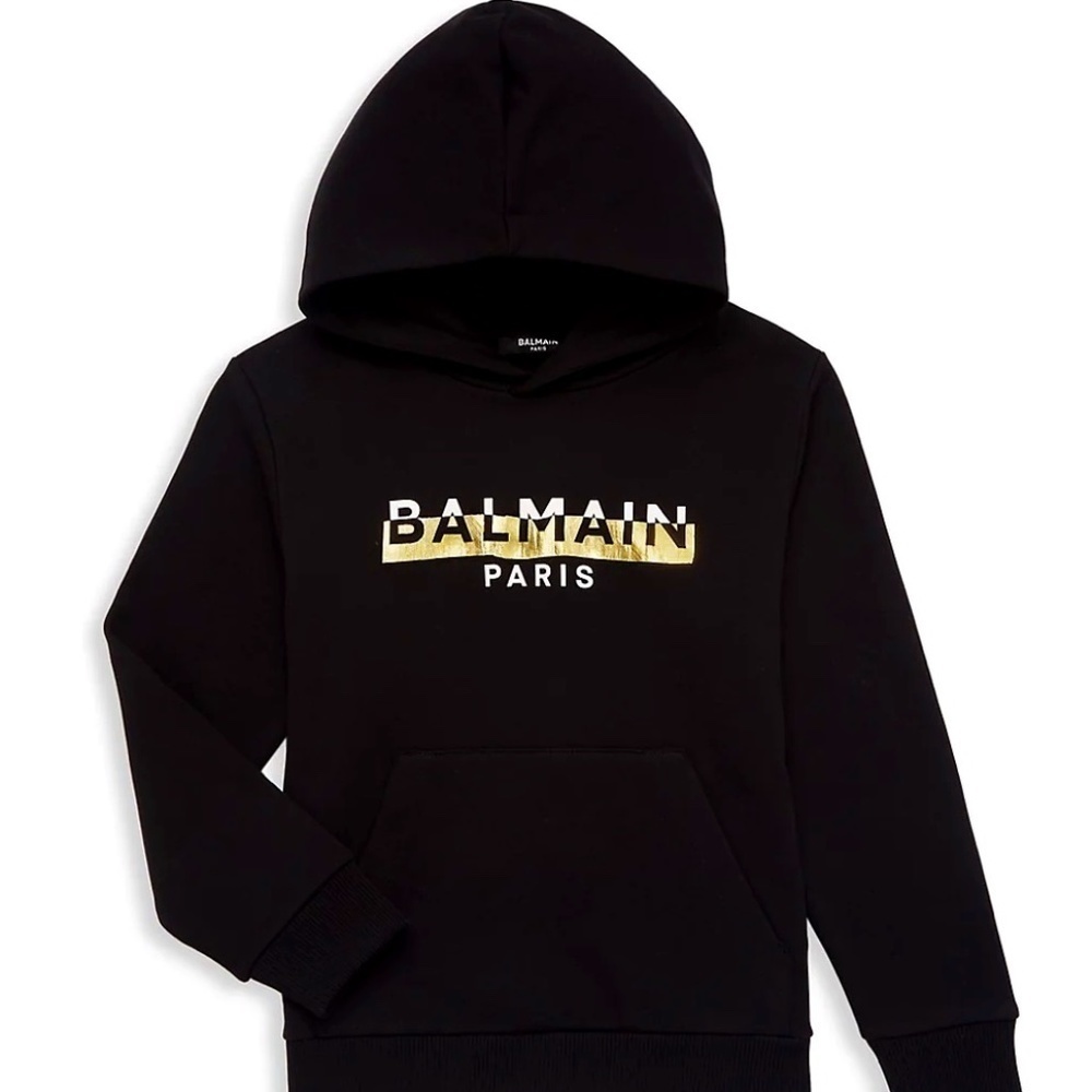 𝅺[SOLD] NWT Balmain Kid's Sz 10 OR XXS - Small Adult Tape Logo Text Hoodie